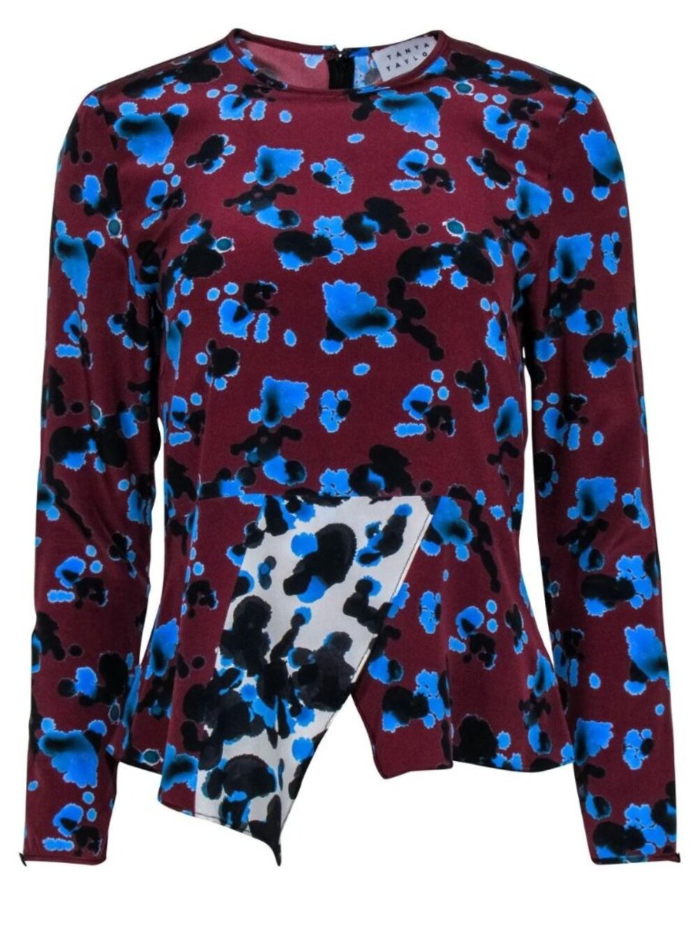 TANYA TAYLOR Burgundy Silk Blouse w/ Blue Splatter Pattern Leopard Size 0